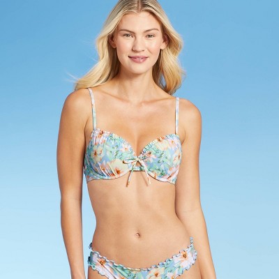 Women's Lightly Lined Ruffle Detail Tie-Front Bikini Top - Shade & Shore™ Light Blue Floral
