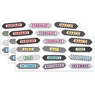 Ashley Productions® Magnetic Die-Cut Timesavers & Labels, Months of the Year, Black and White Assorted Patterns, 12 Per Pack, 3 Packs