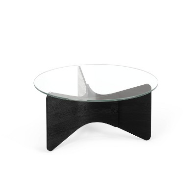 Black Wood and Glass Round Coffee Table with Clear Top
