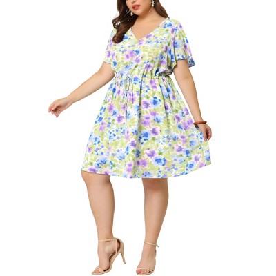 Agnes Orinda Women's Plus Size Floral Drawstring Waist V Neck Ruffle Sleeve A Line Dresses