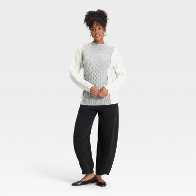 Women's Cozy Knit Cable Crewneck Pullover Sweater - Universal Thread' Cream/Gray - image 3