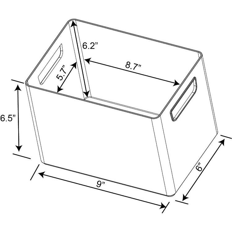 A diagram of a rectangular container with dimensions labeled as 9 inches by 6 inches at the base, 6.5 inches in height, and additional internal measurements of 6.2 inches and 8.7 inches, featuring handles on the sides.