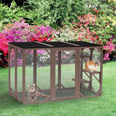 Outdoor Wooden Cat Catio Enclosure with Platforms,71" Walk-in Cat House Playpen for Cats-LAOTIES