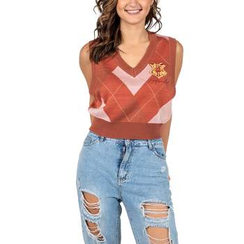 Harry Potter Embroidered Gold Hogwarts Crest Sleeves Diamond Plaid Women's Sweater Vest