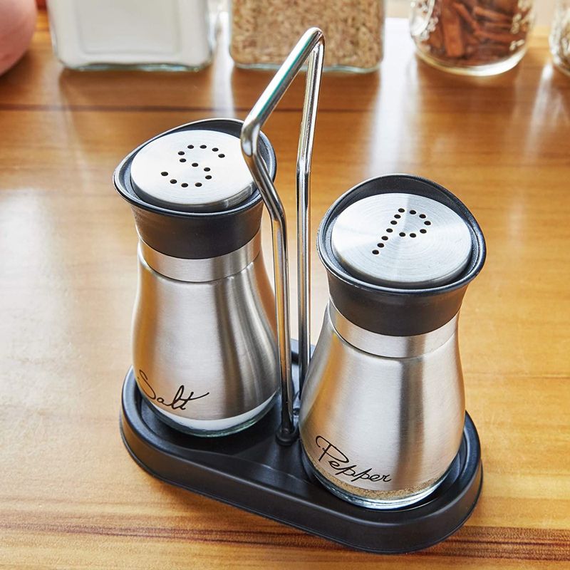 Juvale 2 Pack Salt and Pepper Shakers Refillable Dispenser with Stand, Stainless Steel with Glass Bottom, Silver, 4 Oz, 5 of 11