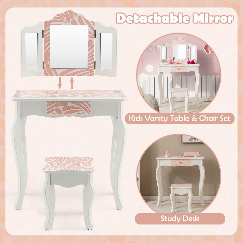 Costway Kid Vanity Set Wooden Makeup Table Stool Tri-Folding Mirror Zebra-Stripe Pink, 5 of 11