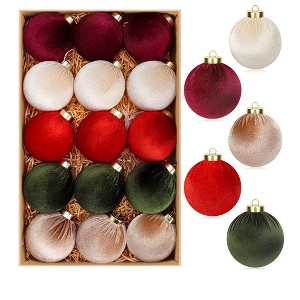Aoibox 15 Pack Velvet Christmas Ornaments 3.15 Inch Shatterproof Multicolor Balls for Tree Fireplace Holiday Decor Red Green Brown - 1 of 4