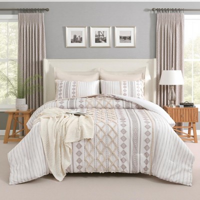 Tufted Boho Comforter Set Bed in a Bag – 7-Piece Aztec Farmhouse Bedding with Sheets & Pillowcases, Soft Microfiber Quilt