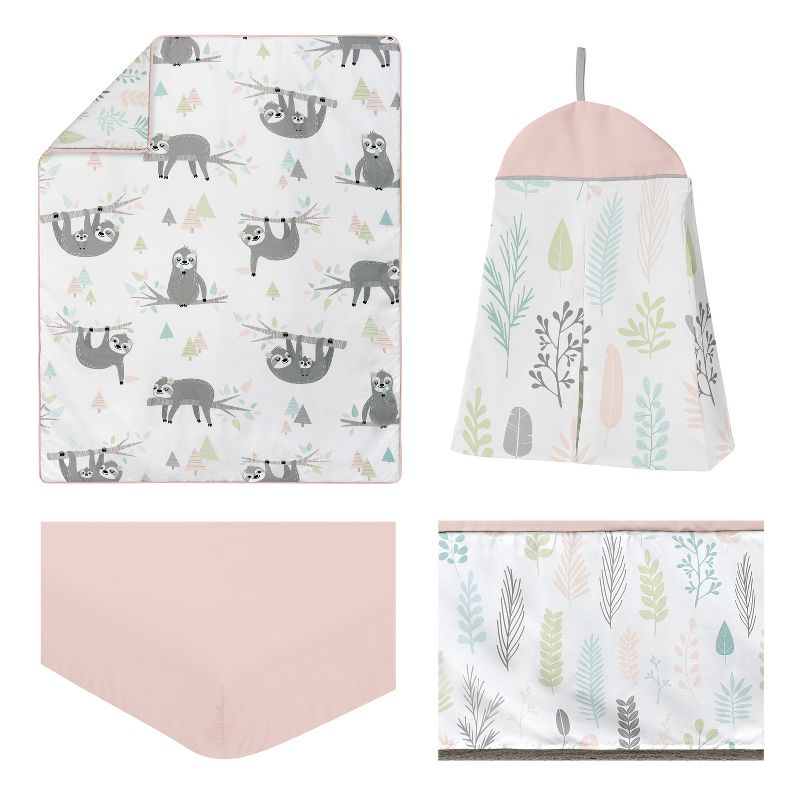 Sweet Jojo Designs Girl Baby Crib Bedding Set - Sloth Pink Grey and Green 4pc, 3 of 8