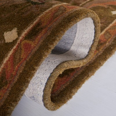 Olive and Gold 8' Square Handmade Wool Floral Area Rug