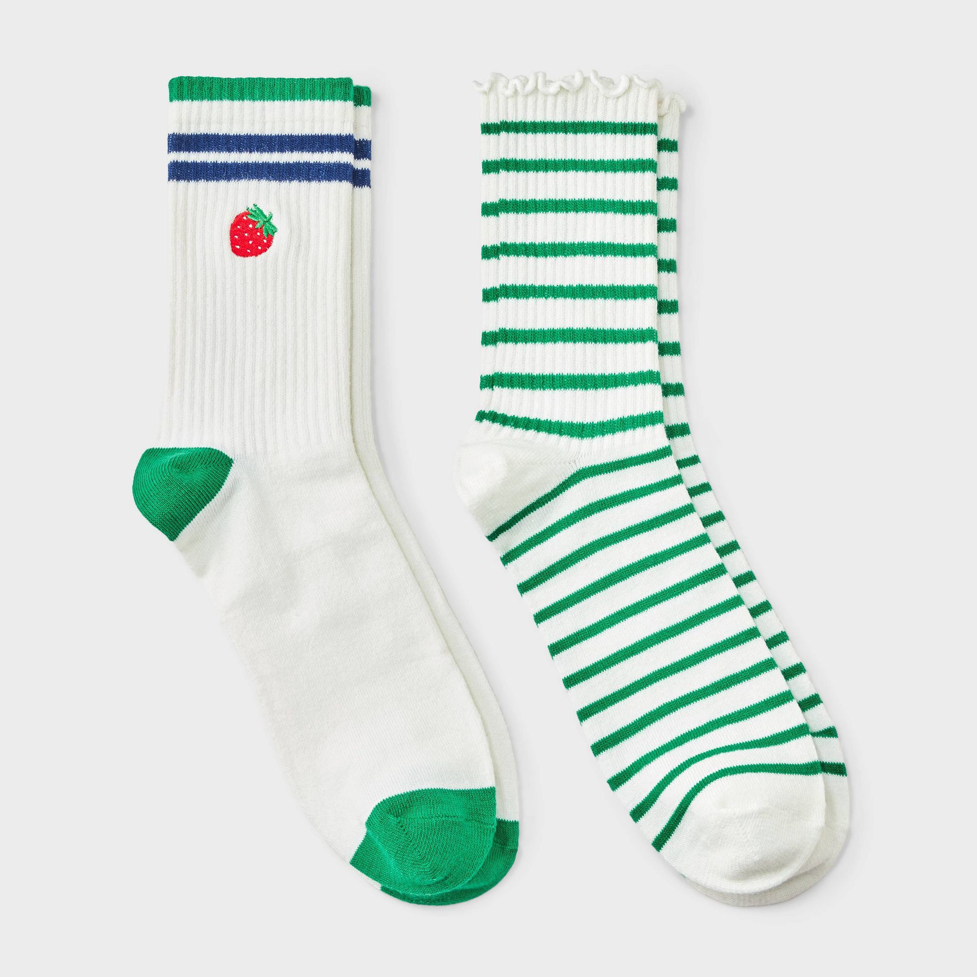 Representative product-family photo: Women's 2pk Ribbed Scallop Edge Embroidered Strawberry Crew Socks - Wild Fable™ Cream/Green 4-10. Pictured option and availability are unverified.