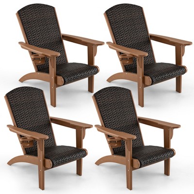 Tangkula Set of 4 Adirondack Chair w/ Rattan Padded Seat & Back Wide Hidden Cupholder Patio