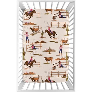 Sweet Jojo Designs Girl Baby Fitted Mini Crib Sheet Western Cowgirl Pink Brown Beige Blue - 1 of 4