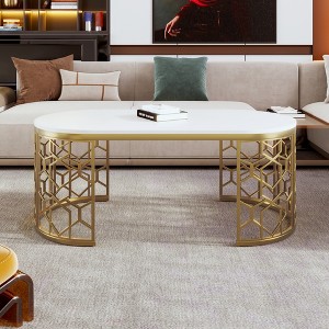 42"W Modern Oval Coffee Table Cocktail Table Center Table Accent Table with Cut-Out Pattern Metal Stainless Steel Frame, White+Gold-ModernLuxe - 1 of 4