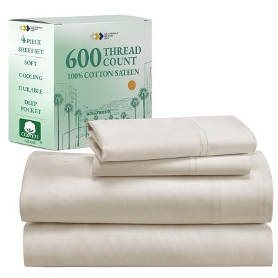 5-Star Luxury Sheet Set | 600 Thread Count 100% Cotton Sateen | Soft & Crisp Bed Sheets with Deep Pockets by California Design Den