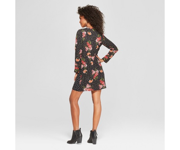 Women's Floral Print Long Sleeve Wrap Dress - Soul Cake (Juniors') Black S