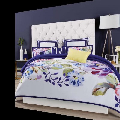 King Size Floral Indigo and Fuchsia Cotton Duvet Cover Set