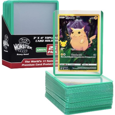 Monster Top Loaders for Trading Cards - 25, 3x4" Clear Hard Plastic Protector w Green Border- Compatible w Yugioh, Sports & More