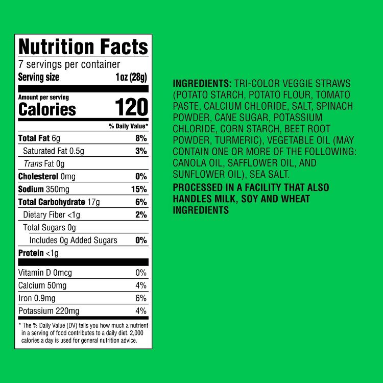 Nutrition label showing 120 calories per serving and ingredients including tri-color veggie straws, vegetable oil, and sea salt, with a note about processing in a facility handling milk, soy, and wheat.