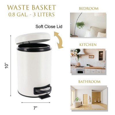 White Metal Soft Close Lid Bathroom Pedal Trash Can, 3 Liters