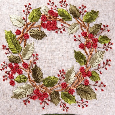 12" Square Red and Green Embroidered Linen Holiday Throw Pillow