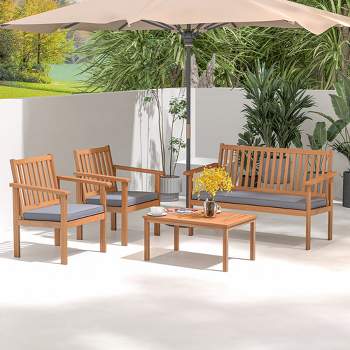 Costway 4 PCS Patio Wood Furniture Set with Loveseat, 2 Chairs & Coffee Table for Porch White/Grey/Navy