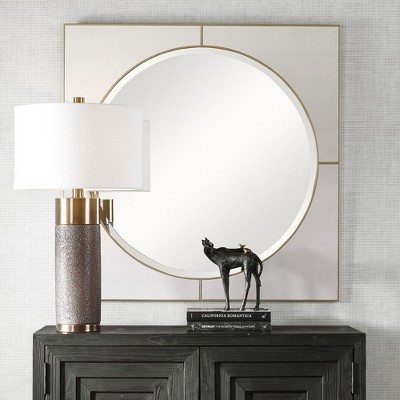 Cyprus 40" White Faux Shagreen Leather and Gold Square Mirror