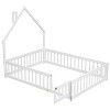 Full Size House Bed Frame with Fence Guardrail, Playful House Shape Safety Bed Platform for Kids Room, in Natural Wood, Grey & White - 2 of 4
