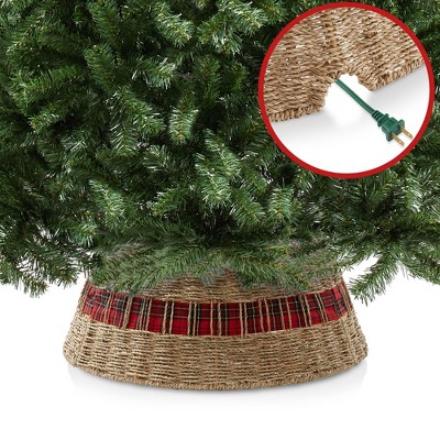 24-Inch Natural Seagrass Woven Christmas Tree Collar with Tartan Plaid Ribbon