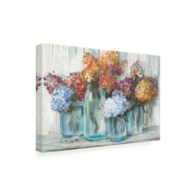 Trademark Fine Art -Carol Rowan 'Fall Hydrangeas in Glass Jar Crop' Canvas Art