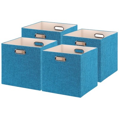Posprica 13 x 13 Inch Square Collapsible Fabric Storage Organization Cubes for Nursery, Living Room, Bedroom, or Office, Teal (4 Pack)