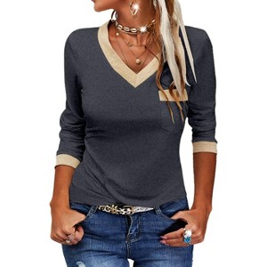 Imily Bela Womens Long Sleeve T Shirts Casual V Neck Color Block Tunic Tops Loose Basic Top - 1 of 4