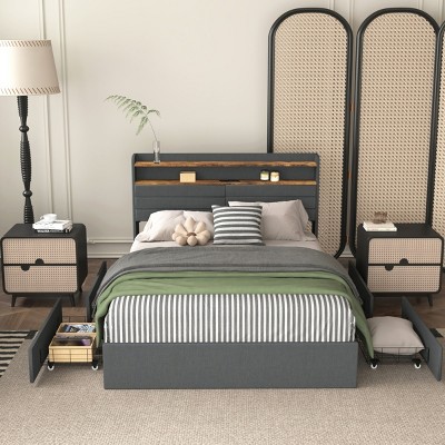 1Pc  Storage Bed Frame, Upholstered MDF Platform with LED Headboard & Charging Ports, No Box Spring Needed - Baofuwish