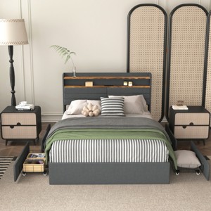1Pc  Storage Bed Frame, Upholstered MDF Platform with LED Headboard & Charging Ports, No Box Spring Needed - Baofuwish - 1 of 4