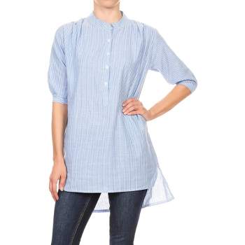 Anna-Kaci Women's Casual Woven Chambray Half Button up Long Stripe Shirt- Small ,Blue