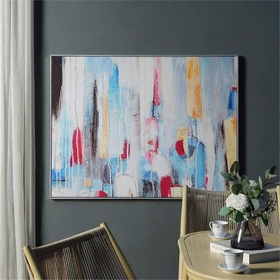 Large Multicolor Abstract Landscape Canvas with Silver Frame
