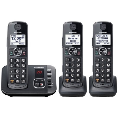 Panasonic DECT 6.0 Expandable Cordless Phone System with Answering Machine  and Call Blocking - 3 Handsets - KX-TGE633M (Metallic Black)