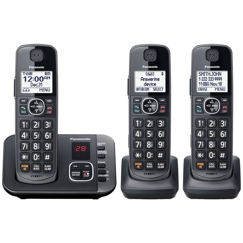 Panasonic DECT 6.0 Expandable Cordless Phone System with Answering Machine and Call Blocking - 3 Handsets - KX-TGE633M (Metallic Black), 1 of 9