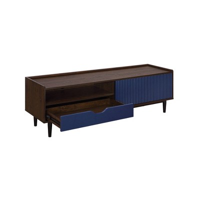 Duane Dark Brown and Navy Blue Ribbed TV Stand with Cabinet