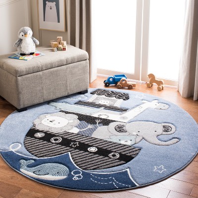 Carousel Kids Blue Round Synthetic Area Rug, 5'3"