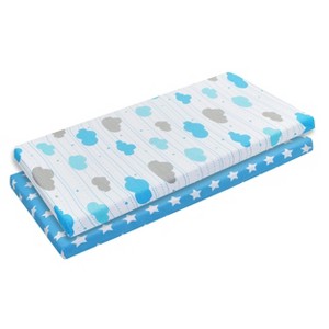 Everyday Kids 2 Pack Baby Cradle Sheets – 100% Cotton Jersey Knit, Breathable & Soft – Fits Most Cradles – Blue Clouds & Blue Star Designs - 1 of 4