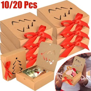 Christmas Gift Boxes with Lids 10 Pack - Red Ribbon and Hollow Cutout Tree Design for Holiday Birthday Wedding Party Gift Wrapping - 1 of 4