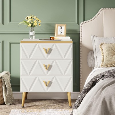 White and Gold 3-Drawer Nightstand Set with Metal Legs