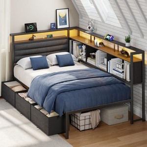 Corner Bed Frame with Storage Bookcase and LED Lights, Twin Size Bed Frames with Upholstered Headboard and Charging Station bed with 3 Storage Drawers - 1 of 4