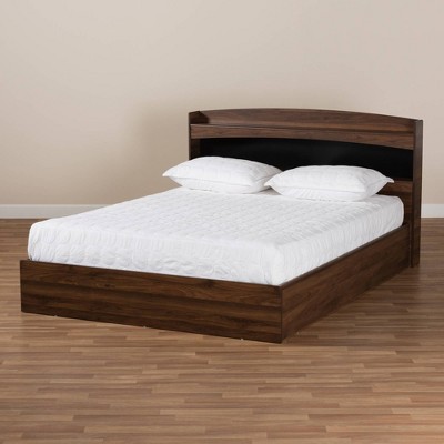 Christopher Queen Walnut Wood Platform Bed with Shelves