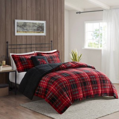 Sapphtopaz 4-Piece Full/Queen Sheet Set, Plush Alternative Comforter Set, Sheets Queen Size Bed Set, Bedding with Decorative Pillow -Red & Black