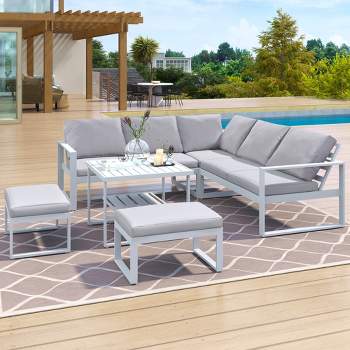 Industrial Style Outdoor Sofa Combo Set with 2 Loveseats, 1 Single Sofa, 1 Table and 2 Ottomans - ModernLuxe