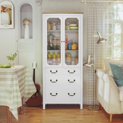 FONTOI Freestanding Storage Cabinet with 2 Tempered Glass Doors&Adjustable Shelves, Kitchen Pantry Cabinet for Kitchen, White, 15.5"*71.6"*29.9"