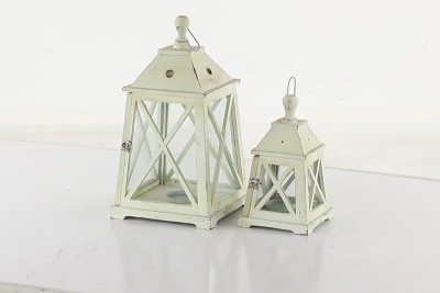 Set of 2 White Wood and Glass Hanging Candle Lanterns