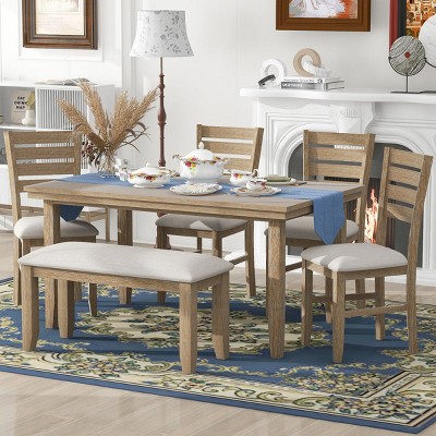 6 Piece Modern Wood Dining Room Table and Chairs with Bench, 6 Seater Dining Room Table,2 Seater Bench and Dining Chairs Set of 4-Cuddlewood